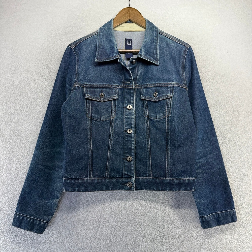 Vintage Gap Denim Jacket Women's Large Blue Dark Wash Trucker Whisker Faded y2k